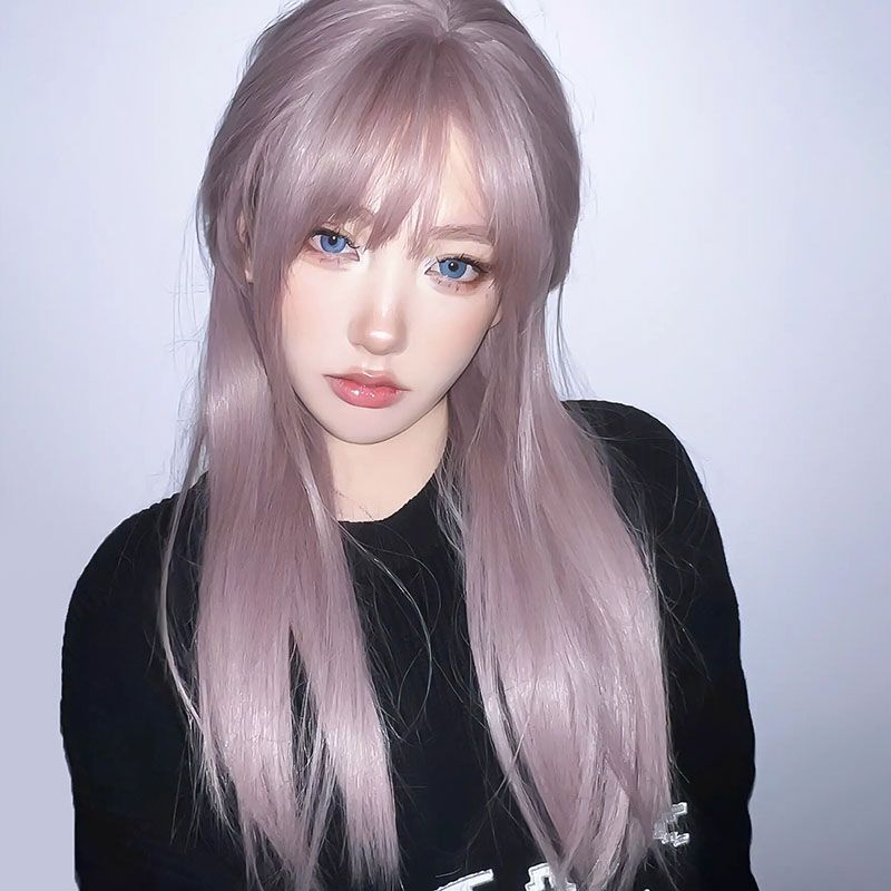 Wig for Women with Long Hair, Internet Celebrity Style, Gray-Purple Long Straight Hair, Lolita Fashion, Realistic Human Hair Full Head Wig