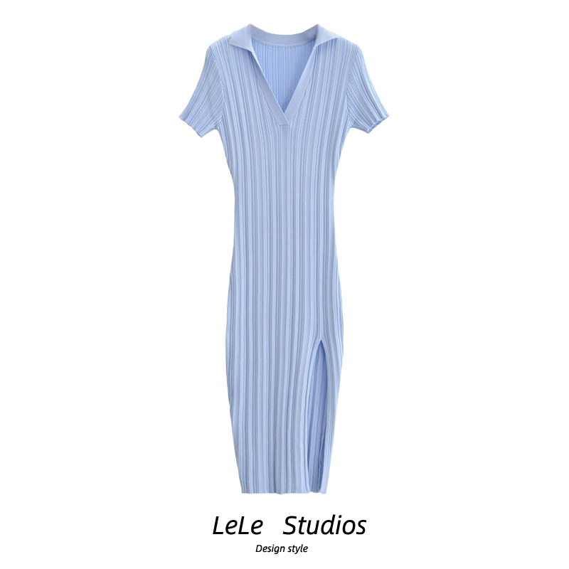  Niche Retro Polo Collar Ribbed Stretch Knit Slit Dress, Stylish Short-Sleeve Dress for Women