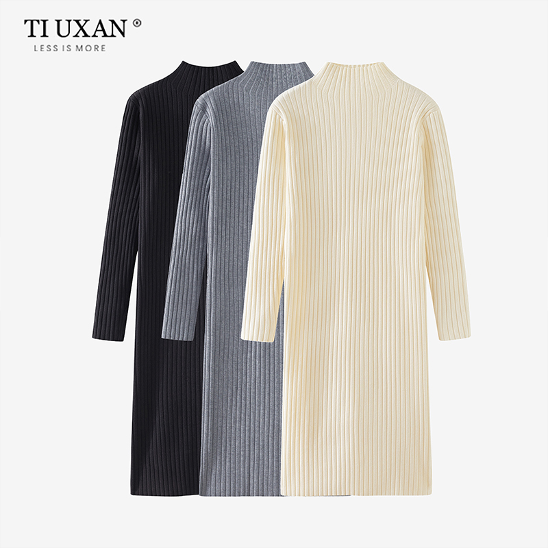 Autumn and Winter Knitted Dress with Coat, Women's Half-High Collar, Loose Fit, Slimming, Mid-Length, Base Layer, Over-The-Knee Sweater Dress Autumn and Winter Knitted Dress with Coat, Women's Half-High Collar, Loose Fit, Slimming, Mid-Length, Base Layer, Over-The-Knee Sweater Dress