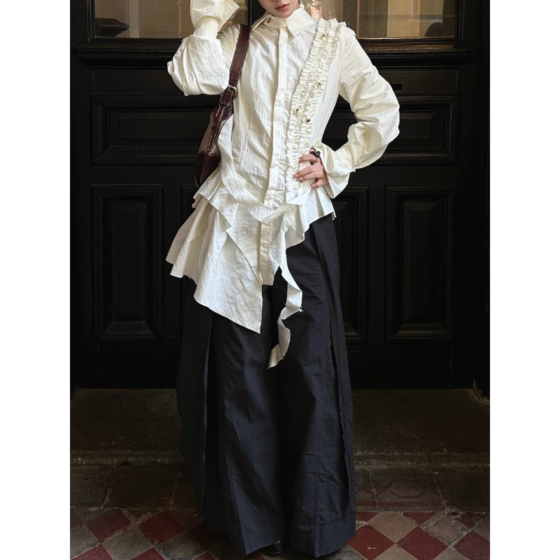 Yamamoto-Style Dark Deconstructed Ruffle Design Long-Sleeve Shirt with a Niche High-End Feel and Asymmetrical Design Yamamoto-Style Dark Deconstructed Ruffle Design Long-Sleeve Shirt with a Niche High-End Feel and Asymmetrical Design