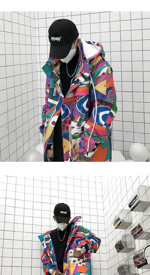 Guochao 17ss graffiti màu lông dày áo khoác nam và nữ vài chiếc mũ trùm đầu bằng vải bông 袄 BF gió lỏng hip hop áo bò nam