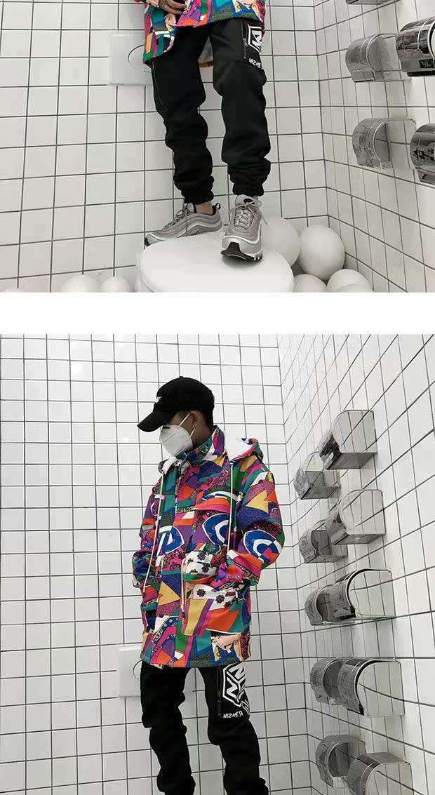 Guochao 17ss graffiti màu lông dày áo khoác nam và nữ vài chiếc mũ trùm đầu bằng vải bông 袄 BF gió lỏng hip hop áo bò nam