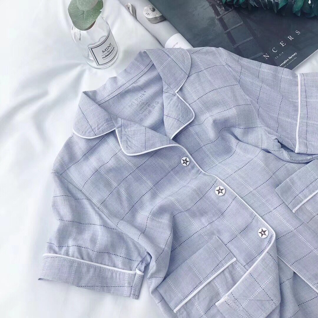 mipink pure cotton children's home suits suit summer short sleeve shorts male and female child turned leader plaid pyjamas