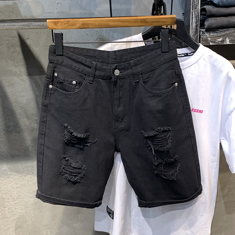 High Street Fashion Brand Black Ripped Denim Shorts Men's Straight-Leg Knee-Length Shorts Summer Thin Mid-Length Pants Korean Style Trendy Breeches