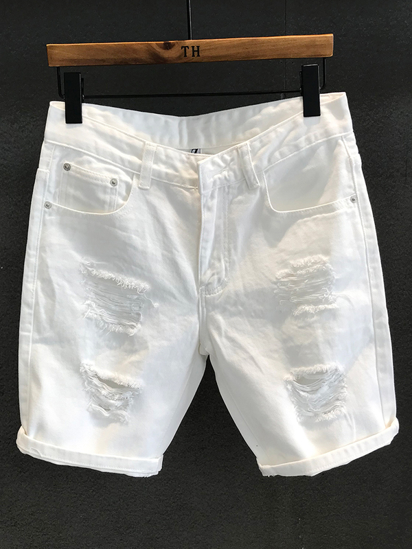 High-End Versatile Trendy White Ripped Denim Shorts for Men, Casual and Trendy Summer Distressed Distressed Five-Point Shorts