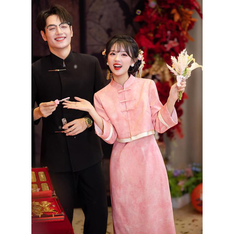 New Chinese-Style Engagement Dress 2026 New High-End Pink Two-Piece Set Morning Gown Female Bride Wedding Toast Dress