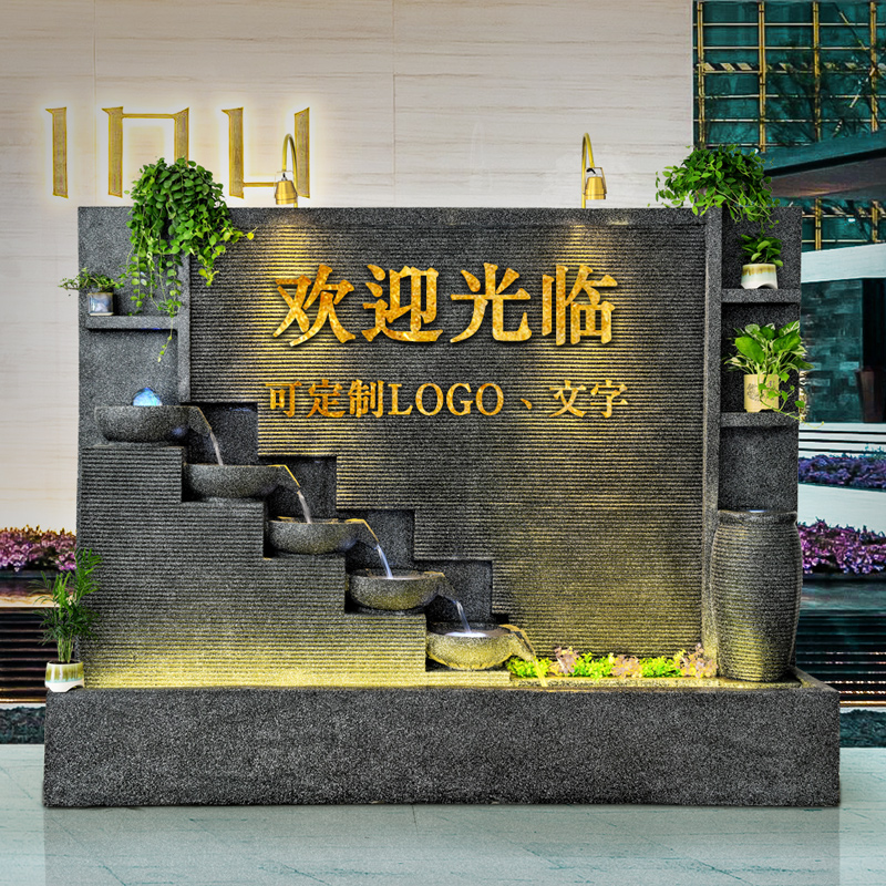 Large water curtain wall water fountain ornaments Indoor fish pond decoration company front desk landscape door ornaments Welcome