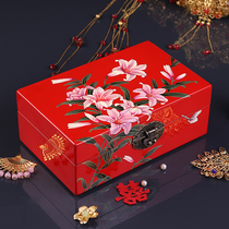 Retro hand painted lacquerware First accessories box Chinese vintage wooden large capacity comb dressers engagement accompanied by wedding Valentines Day