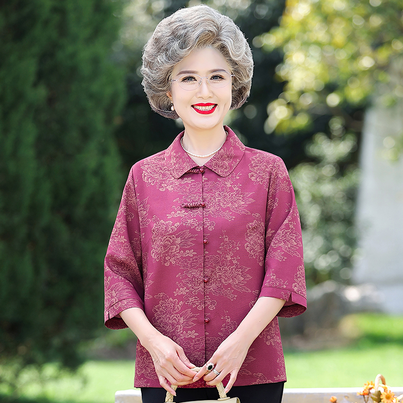 Middle-Aged and Elderly Women's Clothing, Three-Quarter Sleeve Collared Shirts, Stylish Outfits for Mothers, Grandma-Style Tops, Spring and Summer Wear for Seniors