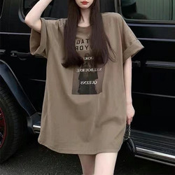 Summer plus size pregnant women casual mid-length short-sleeved T-shirt loose fat mm belly-covering top half-sleeved T-shirt 200 pounds