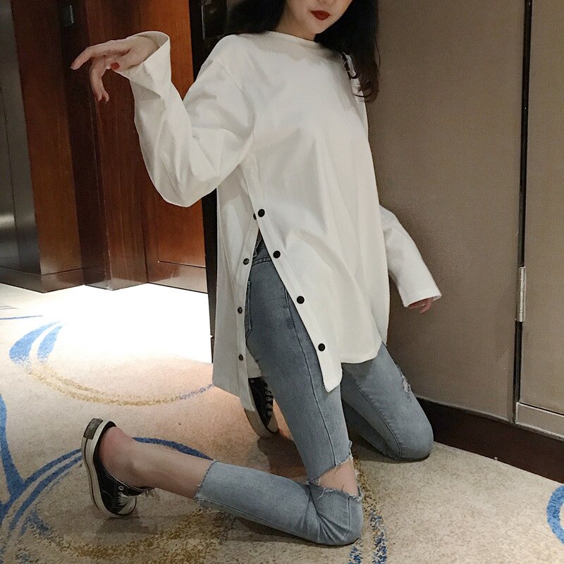 Pregnant Woman Autumn Clothing New Fashion Style Design Sensation Opening Fork Undershirt White Long Sleeve T-shirt With Spicy Mother Out