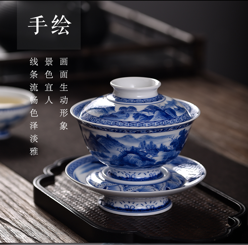 Three tureen suit only a single large jingdezhen checking home landscape thin foetus blue - and - white hand - made tea bowl