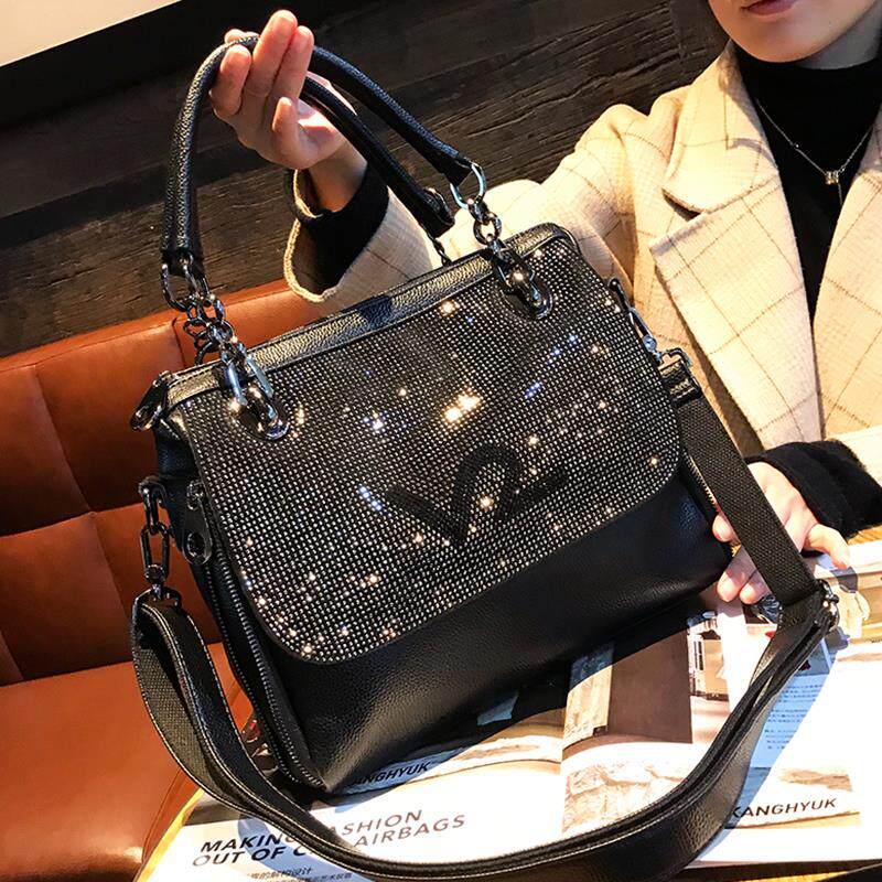 Tidal Bull Leather Women's Bag 2021 New Fashion Hot Drill Handbag Woman 100 lap Large capacity Temperament Single Shoulder Diagonal Satchel Bag