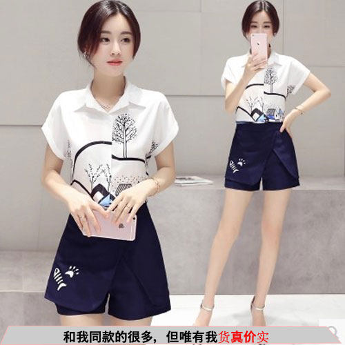 夏秋休闲套装女个性印花衬衫领雪纺衫短袖假两件修身短裤裙防走光