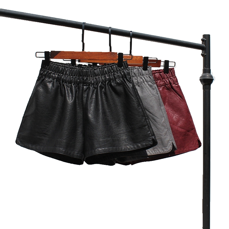 Quần short da nữ 2018 mới thu đông hoang dã mặc quần thun eo pu quần da mùa hè rộng mỏng eo cao quần ống rộng quần short nữ jean