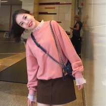 Via Vela) short sweater women 2019 new spring and autumn small long-sleeved pink lazy yellow cotton top