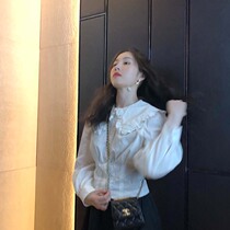 Via Vela Obediently brand white ruffle shirt womens niche design sense cotton short long-sleeved retro shirt