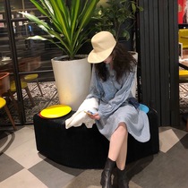 Via Vela Gentle little sister Retro dot French blue wave temperament thin little dress