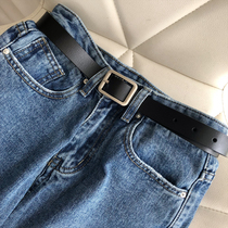 Via Vela) Black leather cowhide belt with universal metal square buckle for everyone