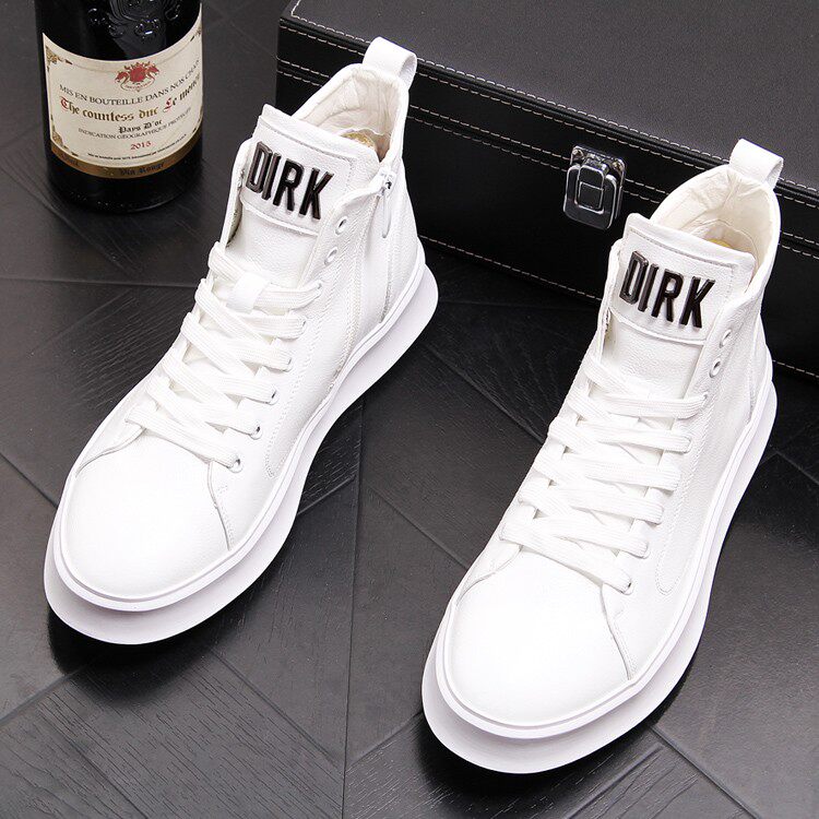 Tide brand breathable high-top white shoes men's Korean version of the trend of wild Martin boots plus velvet casual shoes leather short boots