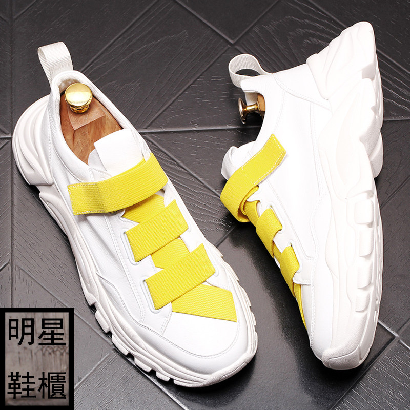 Tide brand all-match breathable white shoes men's thick-soled inner heightened sneakers genuine leather Velcro sports casual daddy shoes