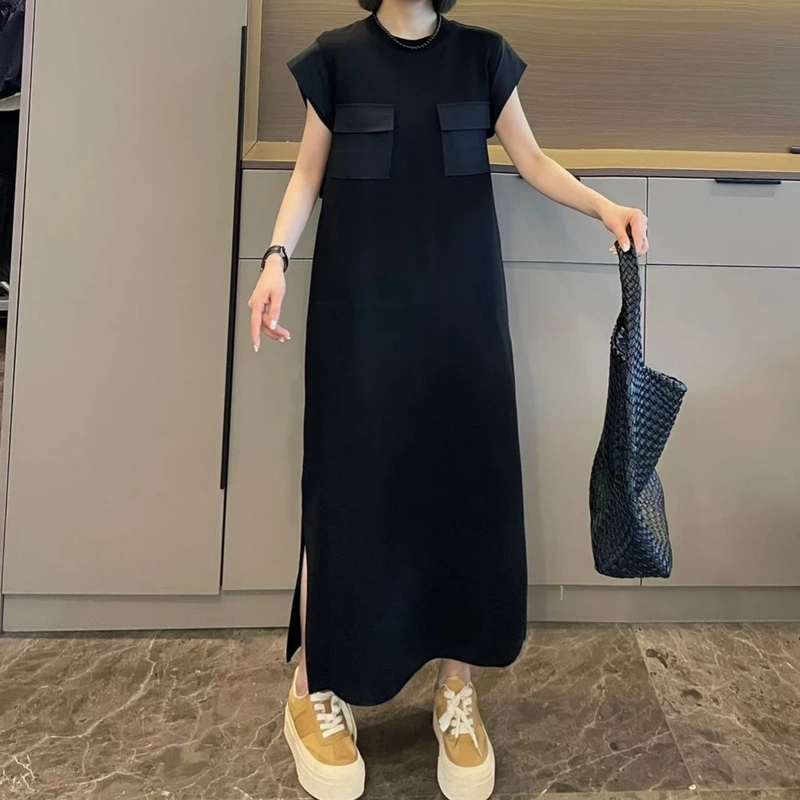 Side Slit Straight-Cut Elegant Dress 2026 Summer Plus Size Fat mm New Loose Black Slimming Dress for Women