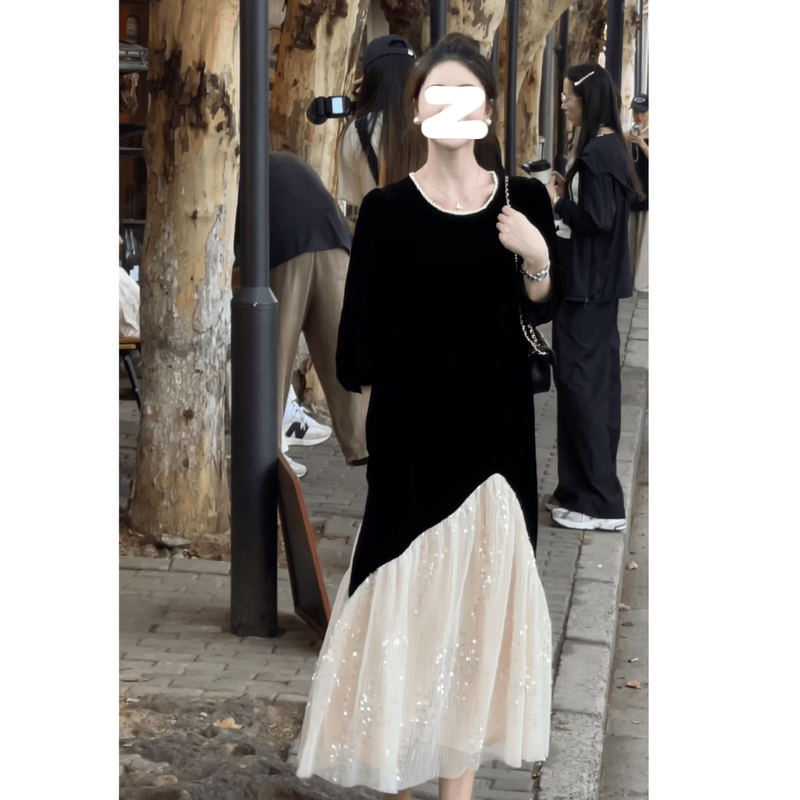 Diamond Starry Sequin Slimming Dress 2026 Summer Plus Size Fat Girl Velvet Fairy Solid Color French Dress for Women