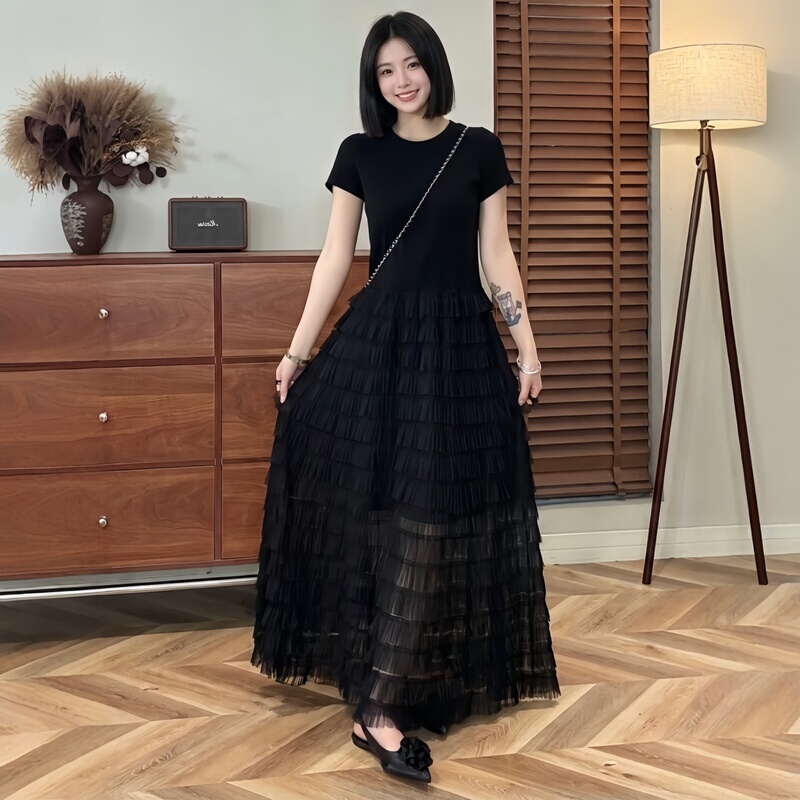 Black Mesh Splicing Design Cake Dress for Women 2026 Summer Plus Size Fat mm Elegant Slimming A-Line Dress Black Mesh Splicing Design Cake Dress for Women 2026 Summer Plus Size Fat mm Elegant Slimming A-Line Dress