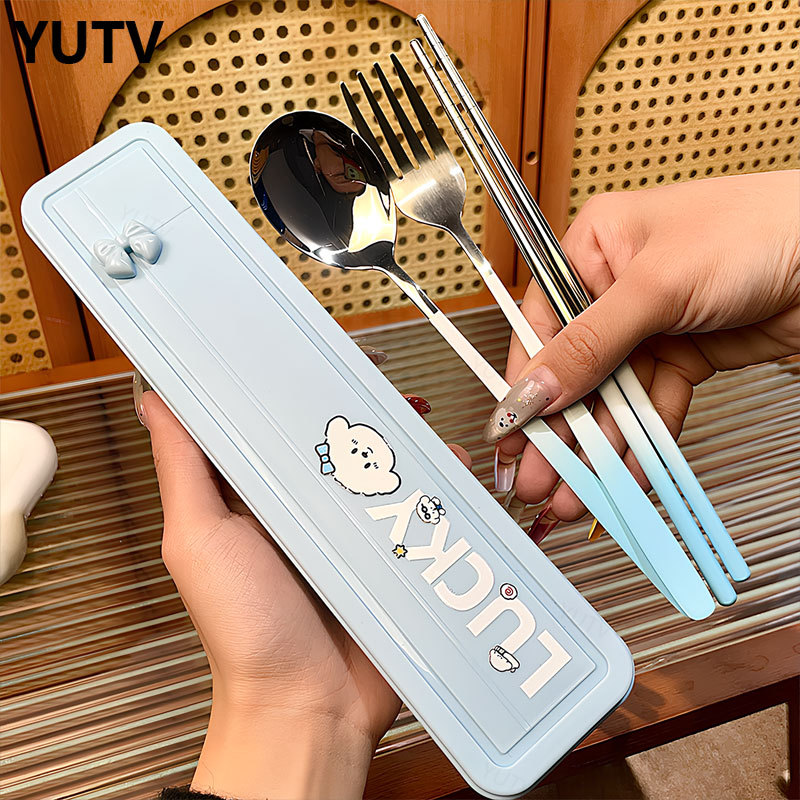 Stainless Steel Blue-Pink Gradient Color Spoon, Fork, and Chopsticks Outdoor Portable Cutlery Set Convenient Cutlery Student School Cutlery Box Stainless Steel Blue-Pink Gradient Color Spoon, Fork, and Chopsticks Outdoor Portable Cutlery Set Convenient Cutlery Student School Cutlery Box
