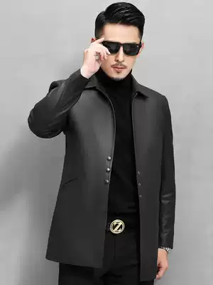 Haining autumn men's leather leather jacket medium and long version of lapel sheepskin windbreaker slim leather jacket jacket men