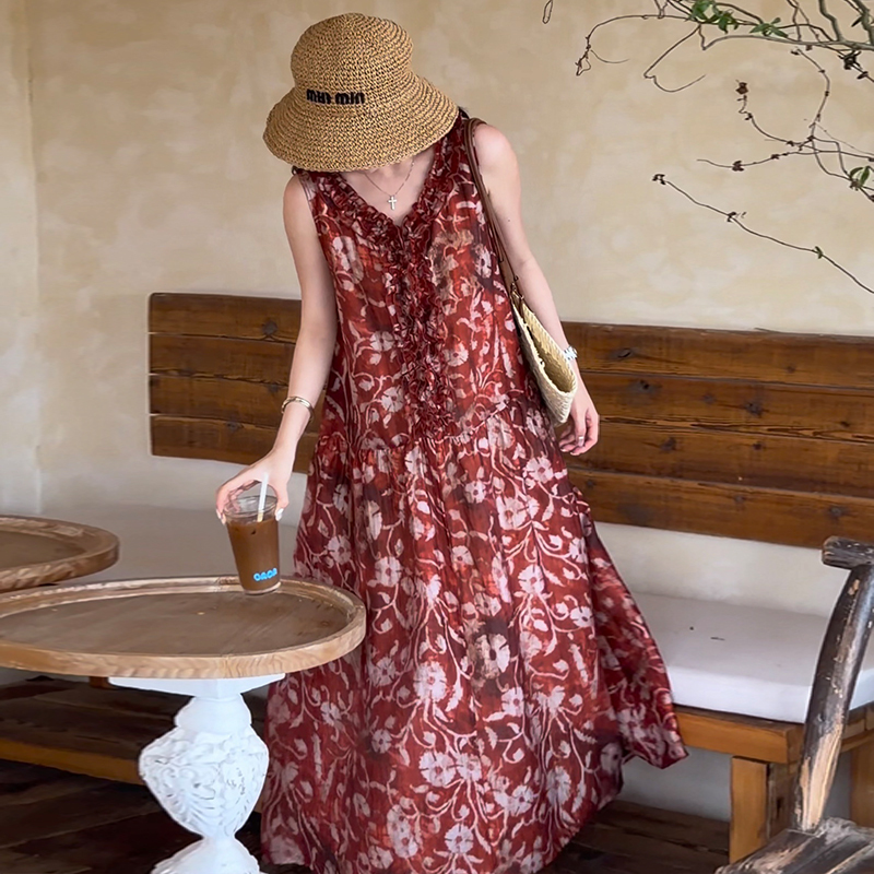 100% Ramie, High-End Tie-Dye Direct Spray Printing, Vacation Style Retro Red Sleeveless Dress, Loose and Slimming