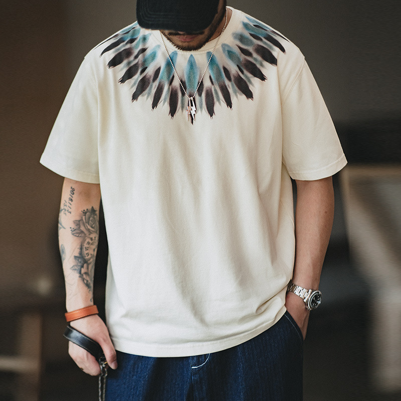 Madden Workwear American Retro Heavyweight Indian Feather Print Short Sleeve Distressed Loose Ethnic Style T-Shirt for Men Summer Madden Workwear American Retro Heavyweight Indian Feather Print Short Sleeve Distressed Loose Ethnic Style T-Shirt for Men Summer