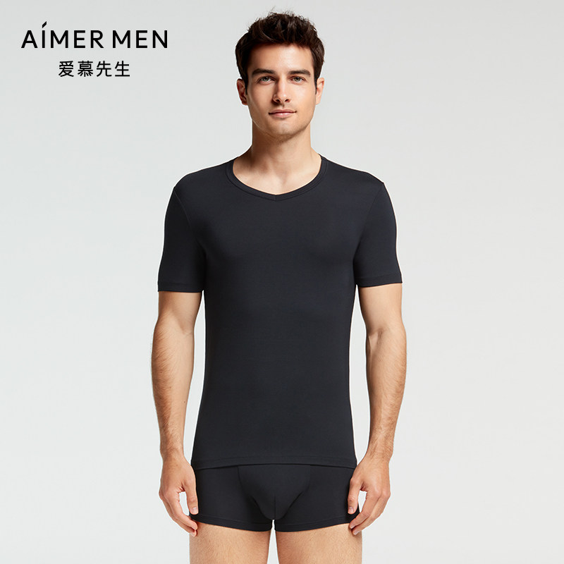 Mr. AIMER New Product 50S Modale Men's thin Elastic Home Autumn Winter Short Sleeve V Collar Blouse NS12S11