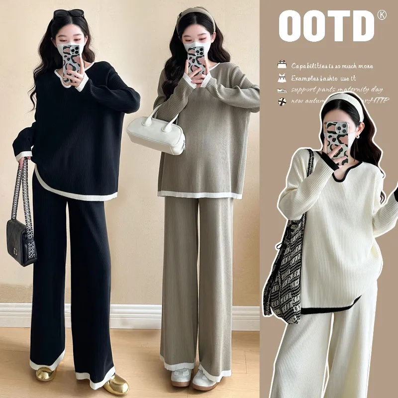 Plus-Size 100kg Lazy Style Maternity Loungewear Set for Women, Winter V-Neck Color-Blocking Design, Can Be Worn Outside, Large Size Pajamas