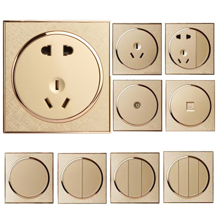 Ximen 5-Hole 86-Type Round Champagne Gold Wall Switch, Two/Three-Pole, Five-Hole Household Power Outlet, Single Switch