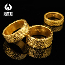 Psychic silver decoration dog bear dads supervision 24K gold hammer grain texture ring pure handmade ring Personality Fashion