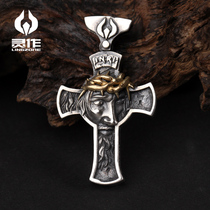  Lingzuo Silver original design Jesus K Gold Thorns Cross Sterling Silver pendant Mens retro personality pendant