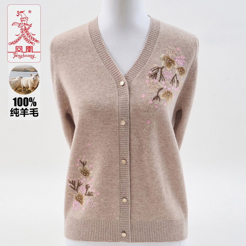 Phoenix 100% Pure Wool Sweater for Mothers, V-Neck Knitted Cardigan, Autumn and Winter Style, Loose Sweater Jacket for Middle-Aged and Elderly Women
