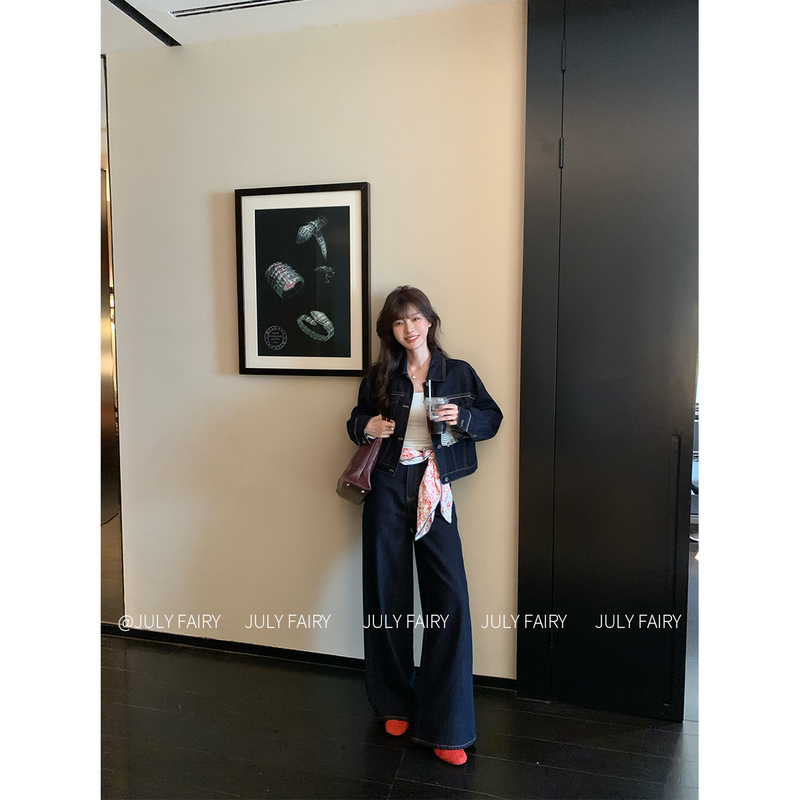 July Fairy Retro Denim Versatile Suit Casual Denim Jacket Wide-Leg Pants Two-Piece Set