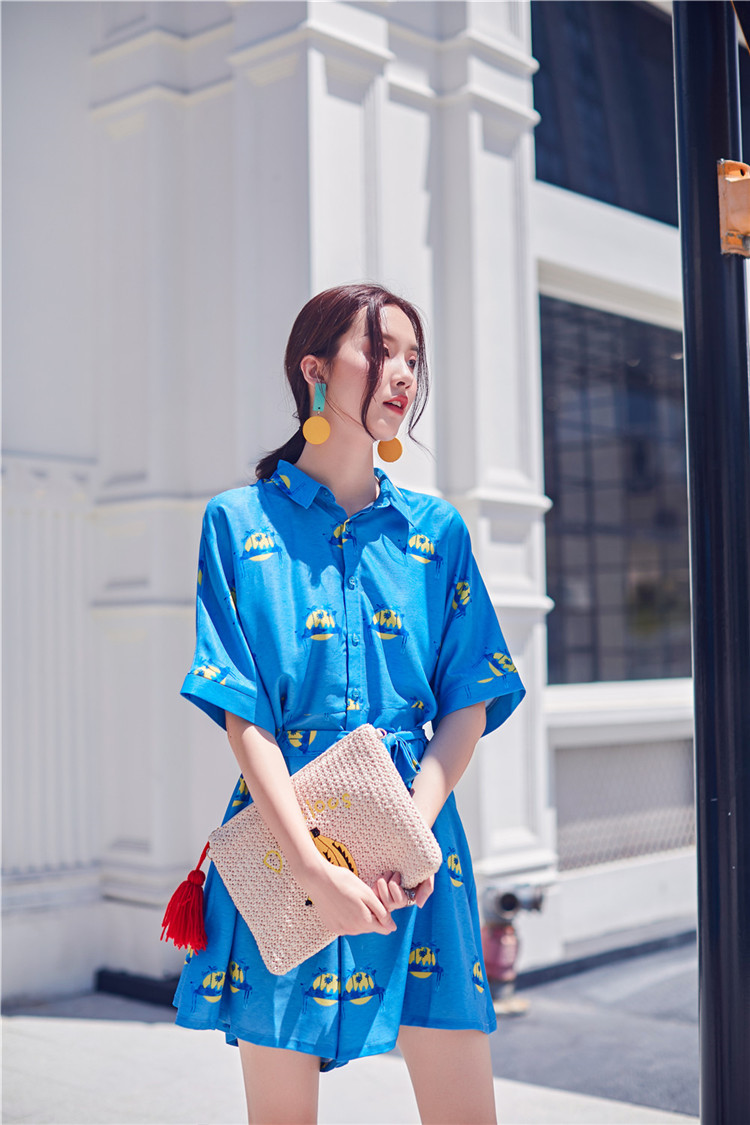 VK旗艦店 韓系寬口連身短褲薄款寬鬆襯衫套裝短袖褲裝