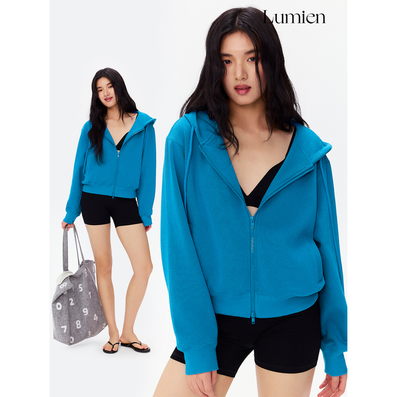 Lumien Loose Fit Short Drop Shoulder Drawstring Hooded Sweatshirt for Women, New Spring Versatile Zip-Up Jacket