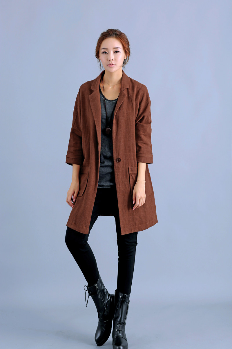 秋冬棉麻开衫外套大码宽松西装领中长款亚麻韩