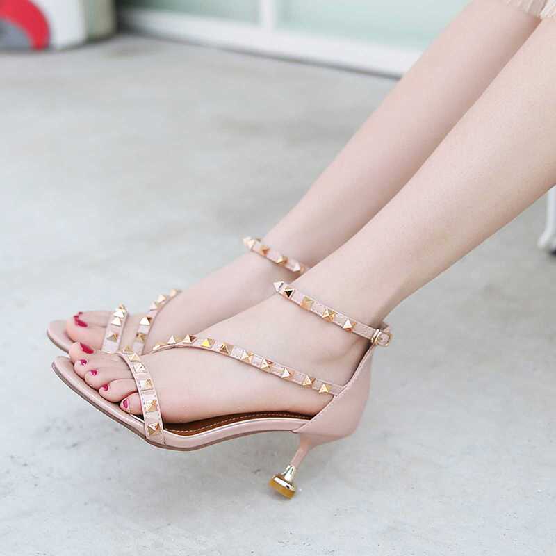 One-Strap Kitten Heel Sandals for Women with Rivets, Sexy High Stiletto Heels, 2025 Summer New Style, 5cm Open-Toe Fashionable Women's Shoes