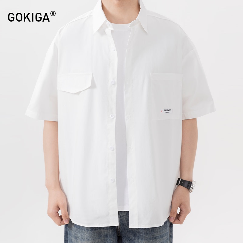 Gokiga Miyazaki Japanese Style Loose Simple Short-Sleeved Shirt Men's Trendy Casual Pocket Shirt Jacket Summer 1715