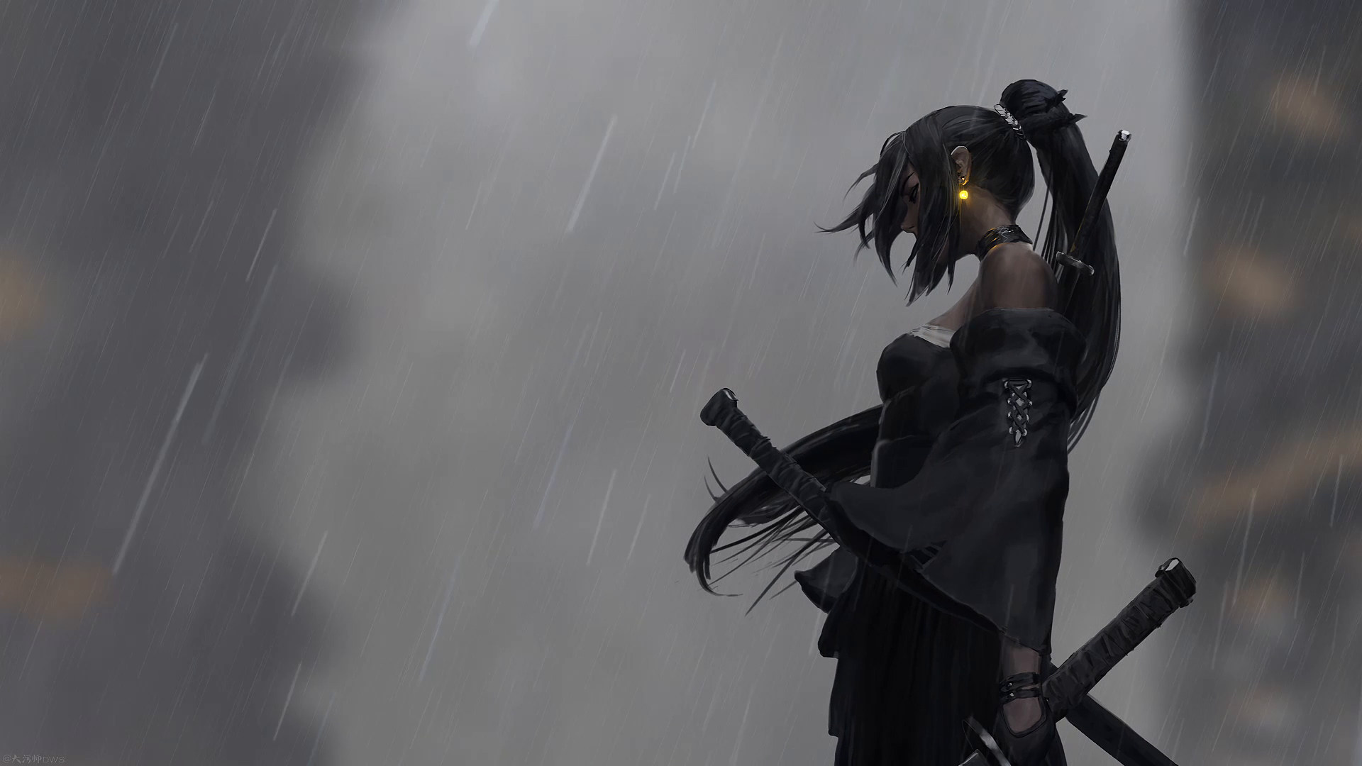 雨天黑衣高马尾女武士高清 4K 壁纸|灰调和风持刀厚涂插画