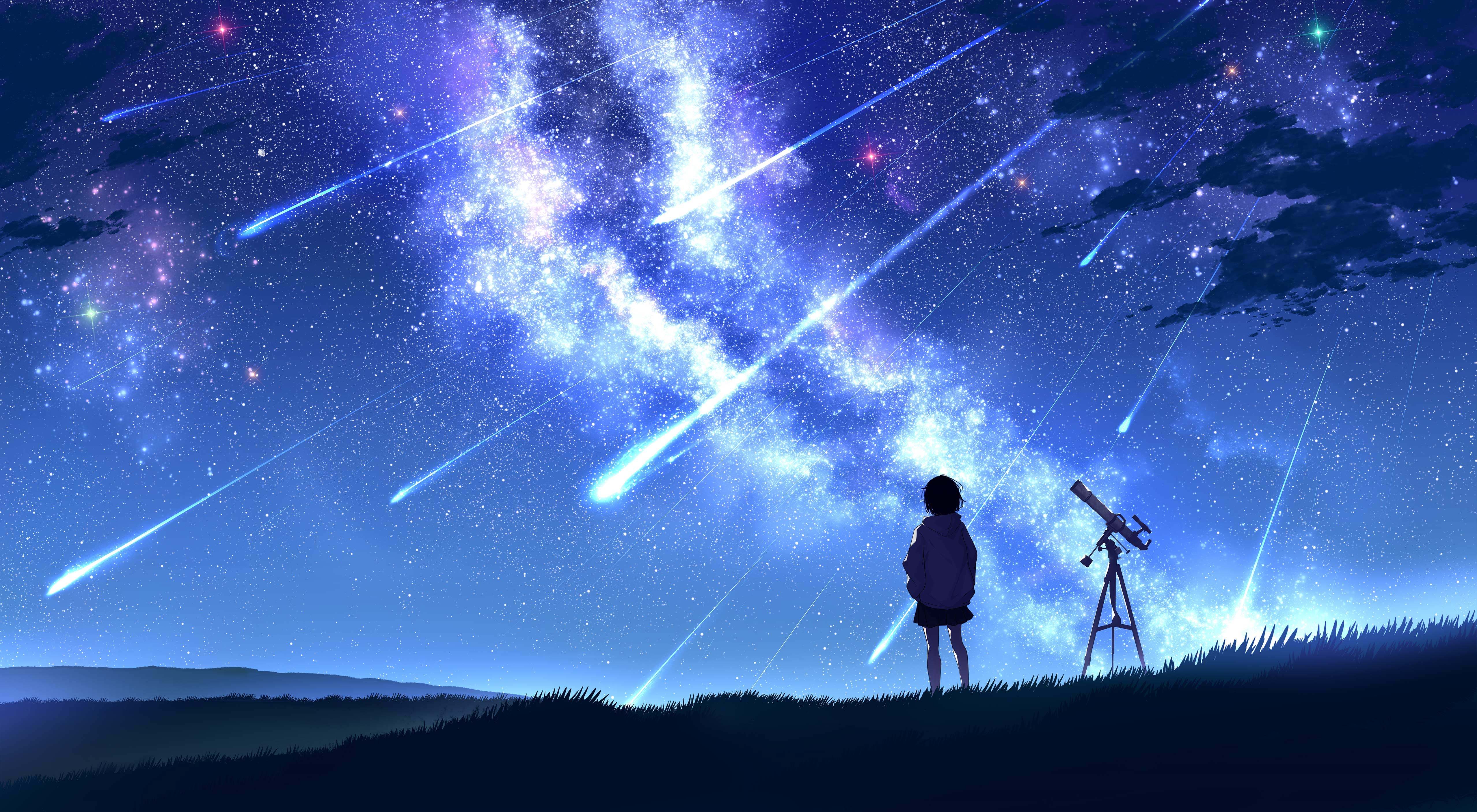 草地仰望银河流星少女高清 4K 壁纸|治愈星空动漫插画