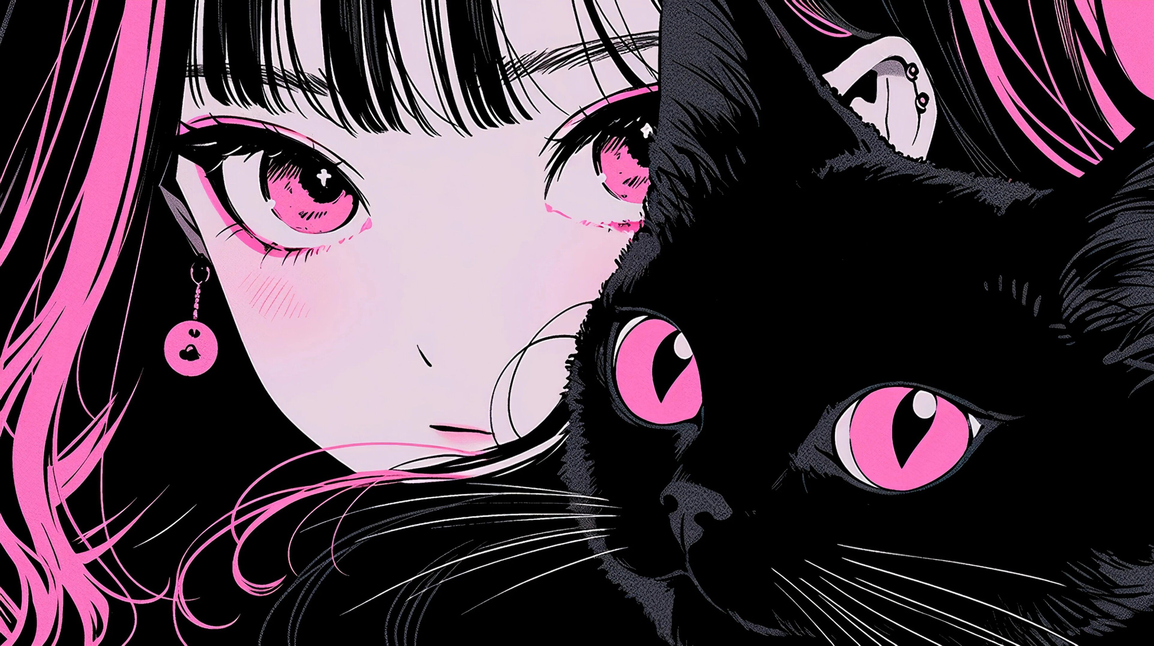 黑粉复古漫画风少女与黑猫 4K 高清无水印电脑壁纸