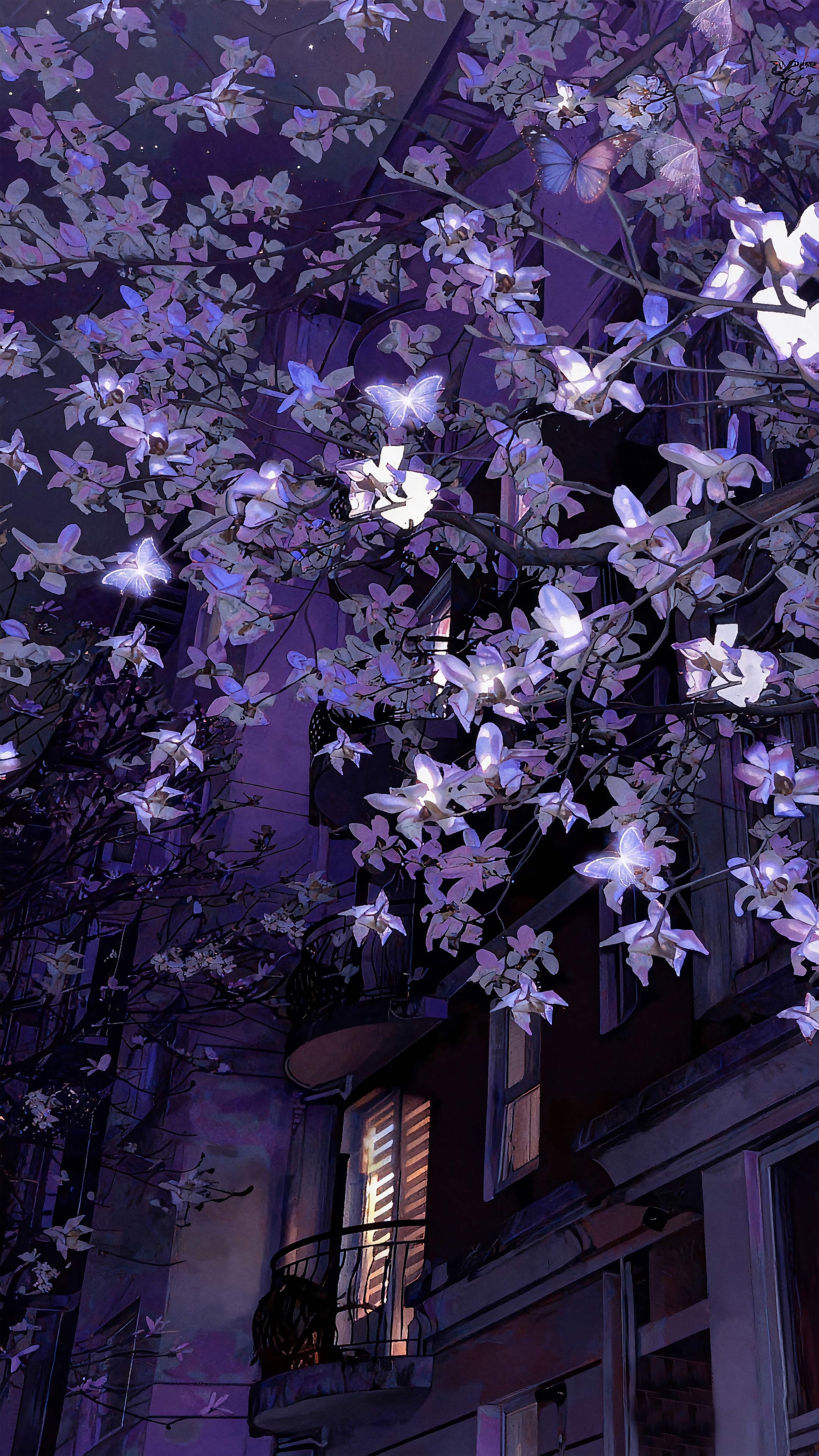 紫夜玉兰花发光蝴蝶壁纸 梦幻动漫夜景竖版手机锁屏