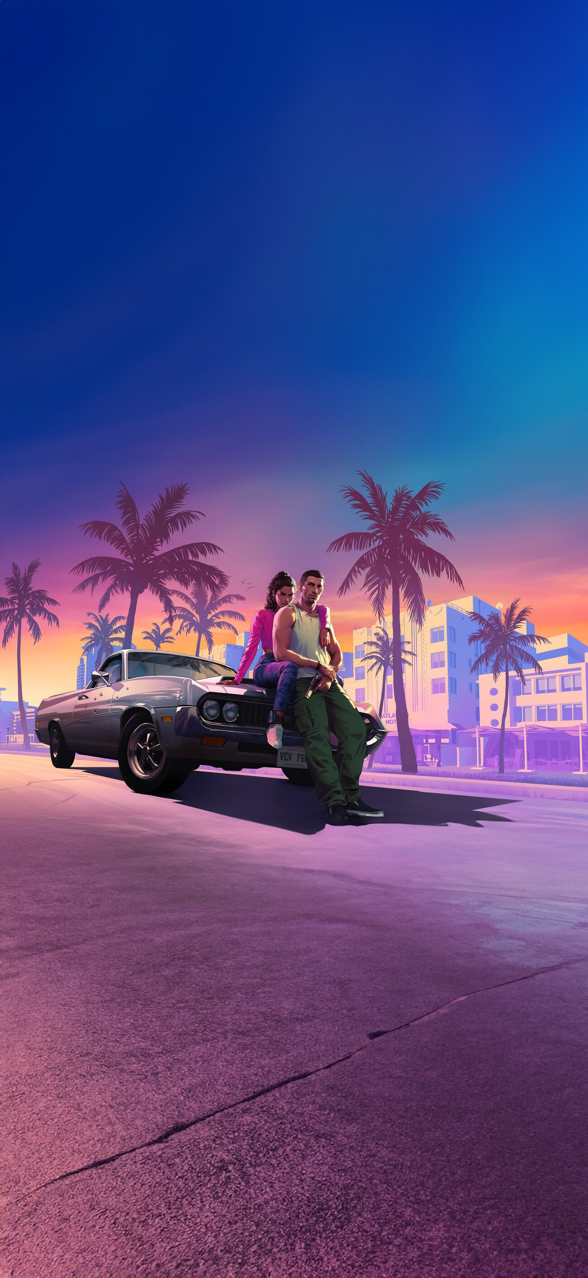 GTA6 4K 高清手机壁纸 主角双人复古跑车迈阿密晚霞原画