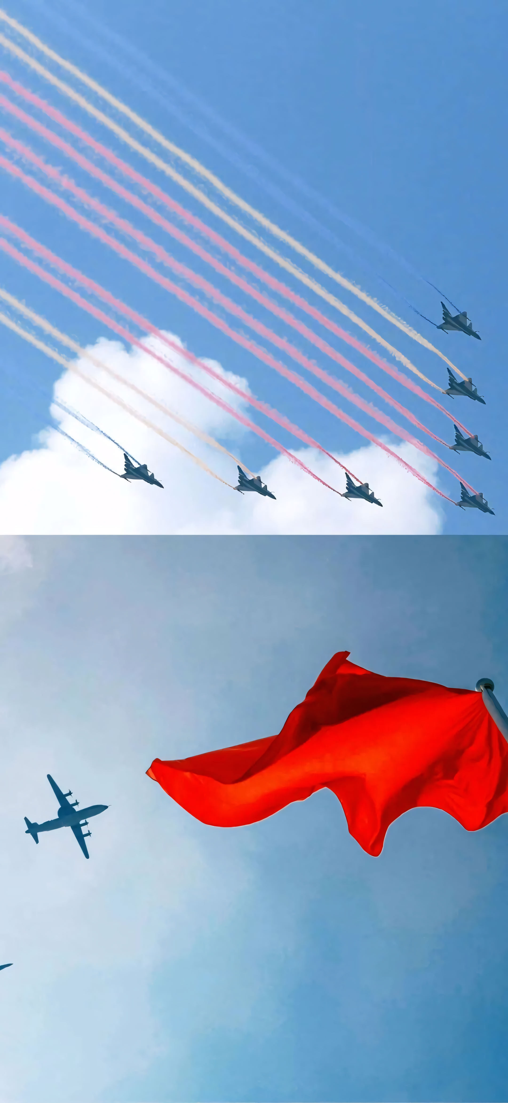 4K 竖版阅兵空中梯队双格拼接手机壁纸 战机彩烟国旗红色爱国无水印图片